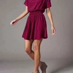 Lola & Sophie Smocked Waist Distressed Satin Dress in Brick - women