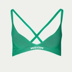 Msgm Ribbed Knit Logo-Hem Bra in Green - women