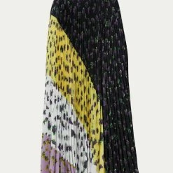 Msgm Logo Wasitband Pleated Skirt in Black/Yellow/White - women