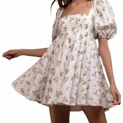 Sau Lee Alyssa Womens Floral Puff Sleeve Mini Dress